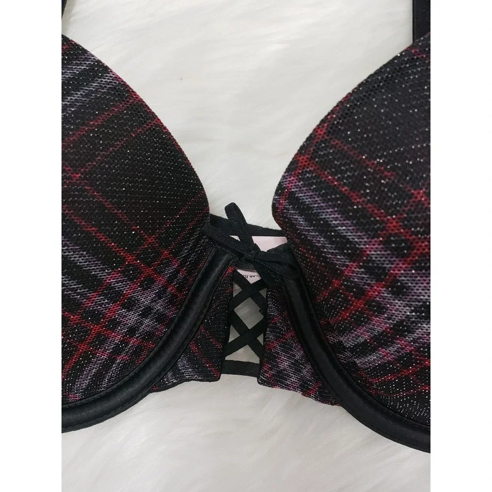 NEW 32D VICTORIA'S SECRET LIGHTLY LINED DEMI BRA  BLACK SHIMMER CHECKERED PLAID